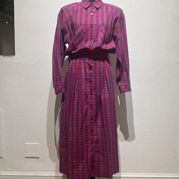 Liz Claiborne vintage Pink and Blue Plaid midi/Maxi dress - Picture 8 of 15